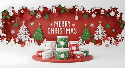 A christmas scene with red and green decorations and tins on a red platform display