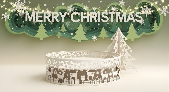 Merry christmas display with paper cutouts and christmas tree decorations on a light background - Powered by Adobe