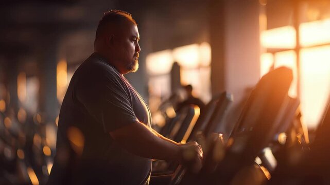 Overweight individual exercising on an elliptical machine in a gym during evening hours to improve physical health and fitness levels