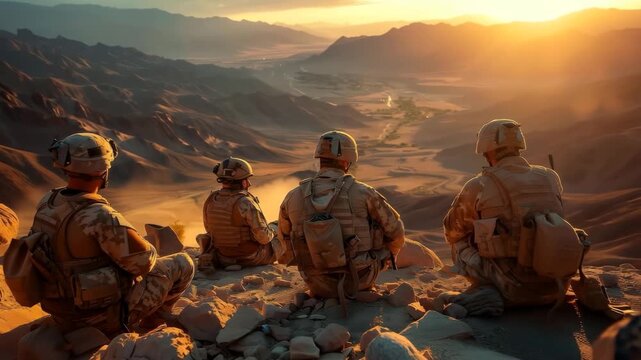 Four military soldiers in camouflage gear are sitting on a rocky hilltop overlooking a serene valley at sunset