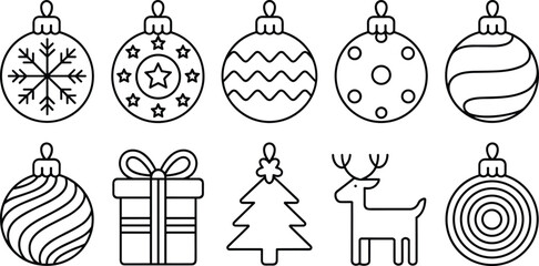 Set of simple Christmas bauble line art icons featuring gift box tree and reindeer for holiday coloring book
