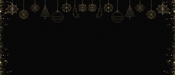 Elegant Christmas frame with gold garland of icons on black background and copy space. Features trees, snowflakes, ornaments, stockings, and stars. Perfect for greeting cards and festive design.
