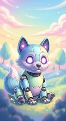 Obraz premium Adorable mechanical canine creature sits peacefully in a softly lit pastoral landscape