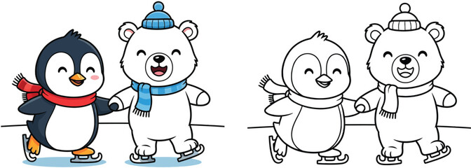 Cute cartoon penguin and polar bear ice skating together holding hands with coloring page outline. Vector illustration of happy winter animal friends doing sports