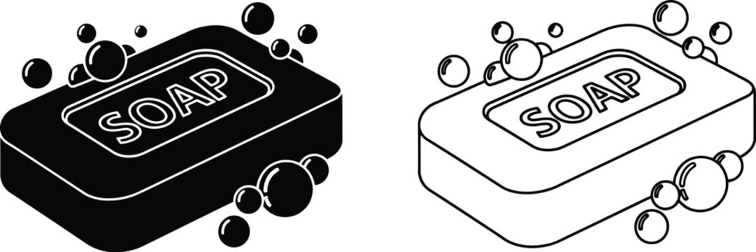 Two depictions of a bar of soap with bubbles shown in outline and solid forms