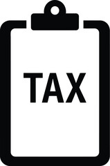 A black and white icon depicting a clipboard with the word tax on it