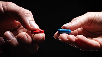 Two hands on a black background offering a choice between a red pill and a blue pill, representing a life altering decision, dilemma, or pivotal moment with two distinct paths or outcomes - Powered by Adobe