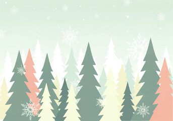 Obraz premium Stylized Christmas trees in various pastel colors against a light green background with falling snowflakes, creating a festive winter scene.