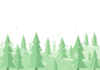 Obraz premium A stylized illustration of a winter forest with evergreen trees and falling snowflakes on a white background.