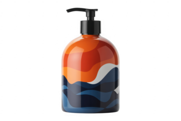 Orange and blue wavy pattern soap dispenser isolated on a transparent background