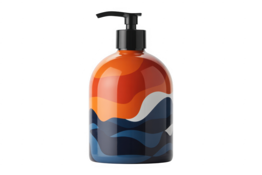 Orange and blue wavy pattern soap dispenser isolated on a transparent background