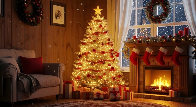 A cozy christmas living room with a decorated tree fireplace and falling snow outside the window view