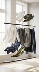 Assortment of minimalist neutral colored apparel suspended and floating in a bright interior space