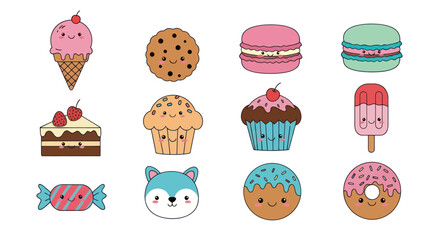Cartoon sweets collection ice cream cookies macarons cakes and treats