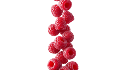 A vertical cascade of vibrant red raspberries frozen in motion against a stark black background showcasing their delicate texture and juicy ripeness in a dynamic artistic composition