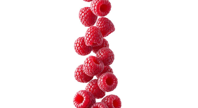 A vertical cascade of vibrant red raspberries frozen in motion against a stark black background showcasing their delicate texture and juicy ripeness in a dynamic artistic composition