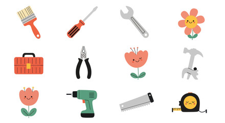 Cartoon tools and flowers construction and gardening themed elements