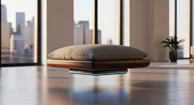 Futuristic floating furniture piece hovers above a polished floor in a bright room overlooking a cityscape
