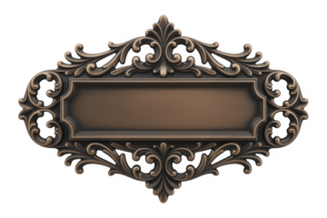 Ornate bronze decorative frame with blank rectangular plaque isolated on a transparent background