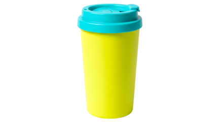 A bright yellow reusable travel mug with a turquoise blue lid stands upright against a stark black background showcasing its simple and modern design for on the go beverages