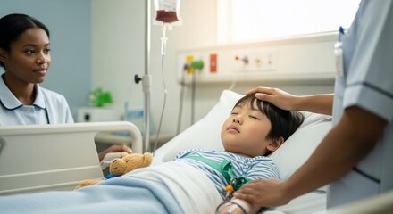 Child in hospital bed with nurse and doctor, receiving treatment.
