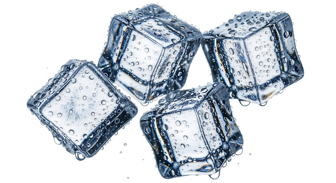 Close up macro photograph of four translucent pale blue sugar crystals arranged in a cluster against a stark black background showcasing their geometric facets and sparkling texture