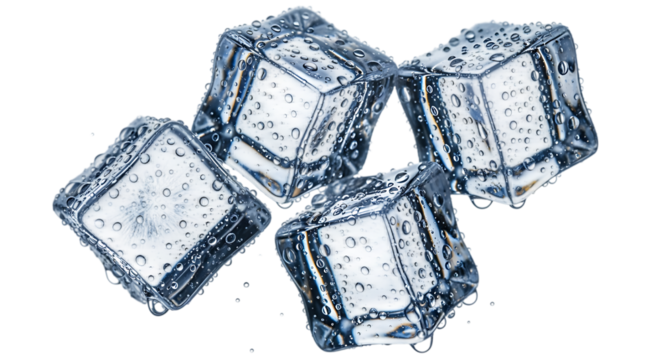 Close up macro photograph of four translucent pale blue sugar crystals arranged in a cluster against a stark black background showcasing their geometric facets and sparkling texture