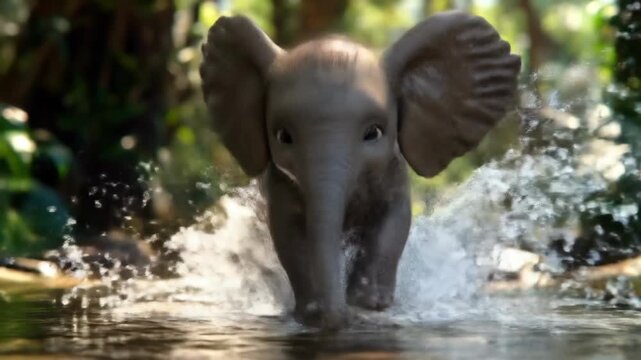 Young elephant splashes through water in natural environment