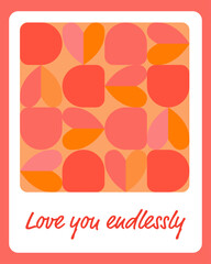 Modern abstract greeting card featuring split-colored hearts and the words &ldquo;Love you endlessly.&rdquo; Stylish template ideal for love notes, holiday wishes, charming romantic designs, and Valentine&rsquo;s cards