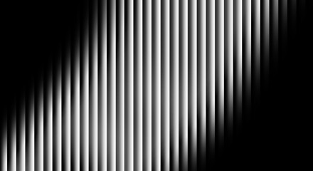 Dynamic abstract background featuring a pattern of vertical white and gray stripes on a black backdrop, creating a sense of movement and depth with a diagonal transition