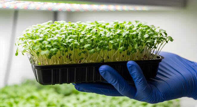Person holding tray of microgreens in greenhouse with gloves - Powered by Adobe