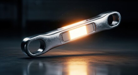 Illuminated metallic component featuring industrial design hovers above a reflective surface