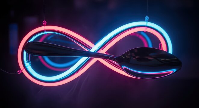 Polished eating utensil floats suspended before glowing infinity shape of neon light