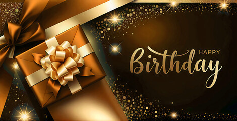Happy birthday gifts celebration party present gold ribbon sparkles background