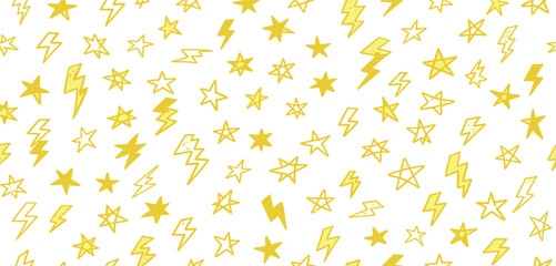 Hand-drawn seamless pattern of golden stars and lightning bolts, a whimsical doodle background symbolizing celestial energy and magic