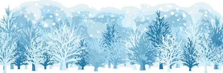 Naklejka premium Enchanting winter forest scene with a flurry of gently falling snow and serene snow-covered pine trees, creating a magical cold weather wonderland illustration