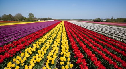 Vibrant rows of red yellow and purple tulips in a vast field under blue sky flower