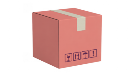 Pink cardboard box with shipping symbols and tape isolated on a transparent background