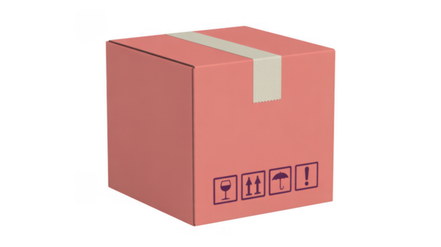 Pink cardboard box with shipping symbols and tape isolated on a transparent background