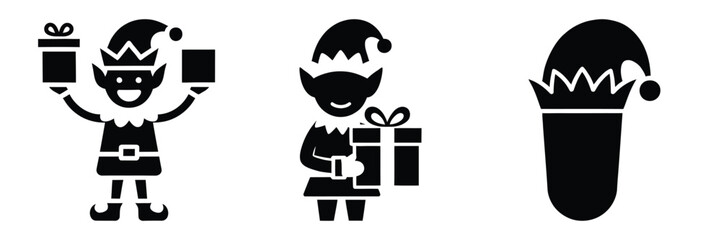 black silhouette elf gift pop on a white background graphic design