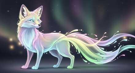 Obraz premium Mystical canine creature exhibits flowing, brightly colored tail effects against a dark backdrop