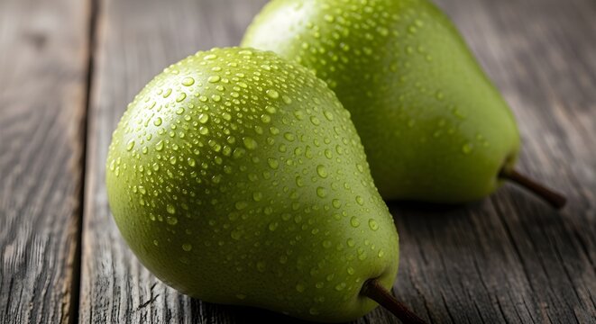 A creatively reimagined version of close-up of fresh green pears with water droplets, natural light, rustic wooden background, macro detail, emphasizing style, visual interest, and refined wording.