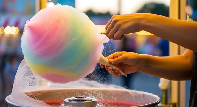 Close-up of hands spinning fresh cotton candy at a fair, motion blur, colorful sugar strands