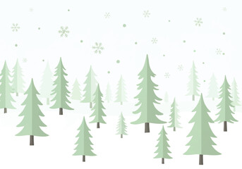 Fototapeta premium Minimalist illustration of a winter forest scene with stylized evergreen trees and falling snowflakes on a white background.