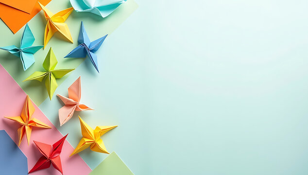Colorful origami paper stars arranged on pastel background ai