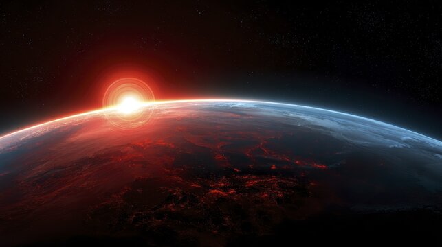 Stunning sunrise over earth horizon with glowing atmosphere and bright sun rays - Powered by Adobe