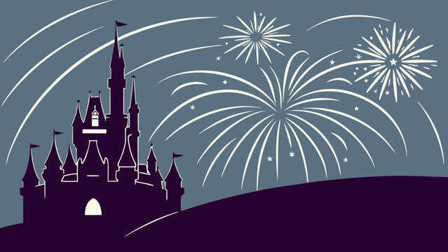 Orlando Theme Park Fireworks Silhouette Minimal Vector &ndash; Modern Florida Landmark Illustration for Travel, Culture, and Lifestyle Graphics