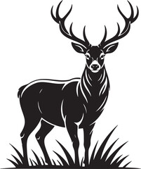 Fototapeta premium A stylized, dark silhouette of a magnificent stag with large antlers stands proudly in a field of grass.