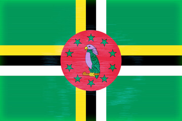 The flag of Dominica, showcasing vibrant green fields, a central red disc with a Sisserou Parrot...