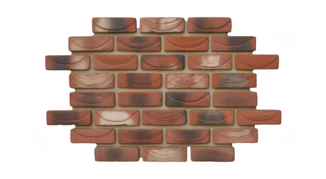 Red brick wall texture with curved indentations isolated on a transparent background